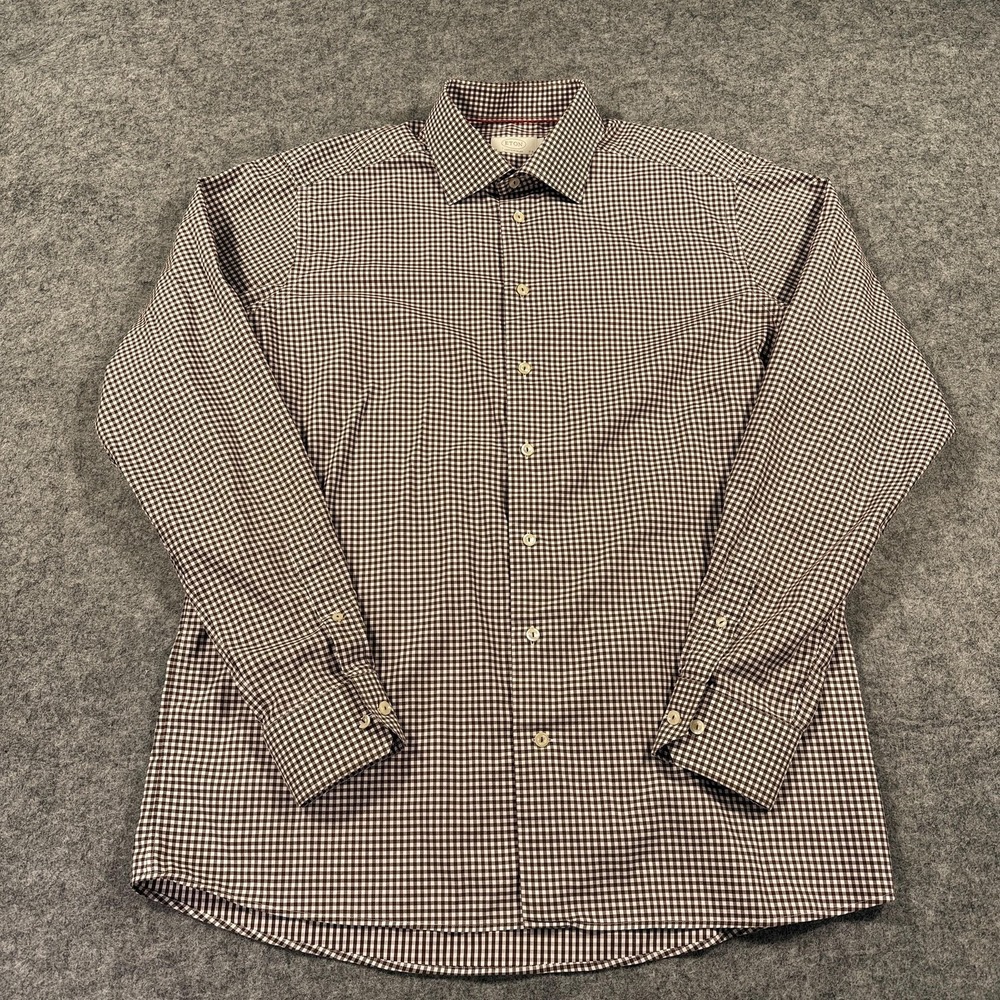 Eton Dress Shirt Mens Extra‎ Large Brown Gingham Check Long Sleeve Spread Collar